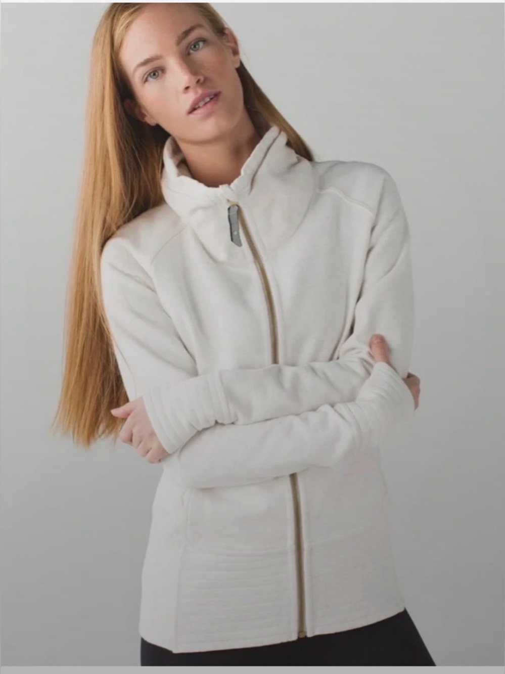 LULULEMON Cream Oatmeal Full Zipper RADIANT Funnel Neck Sweat Jacket Sz 8